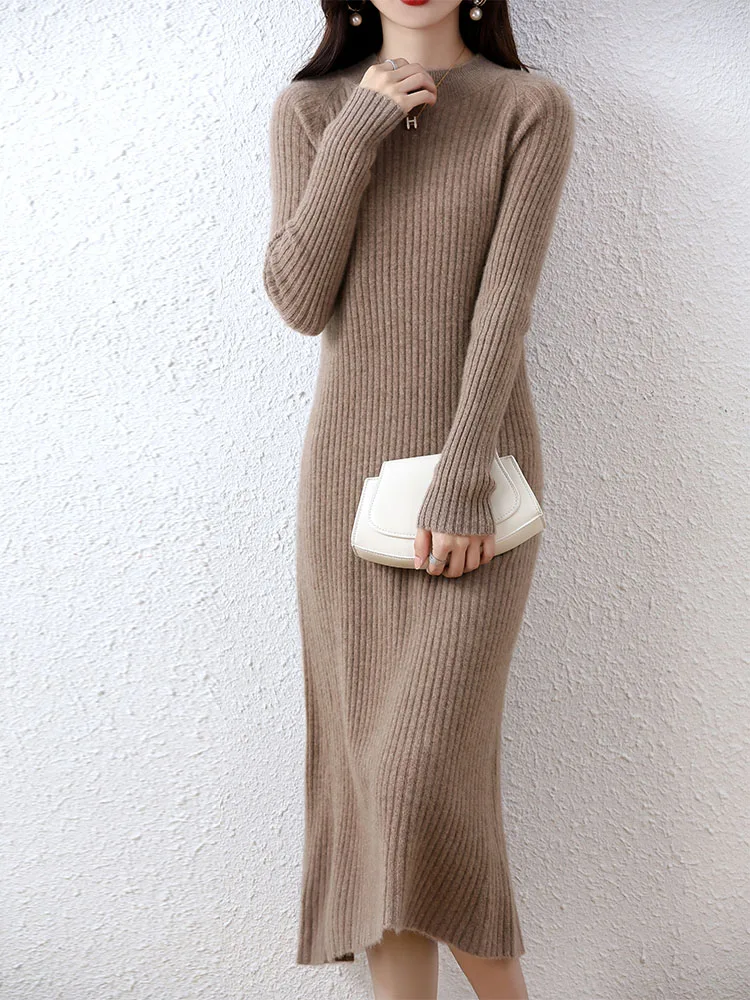 Cashmere Sweater Womens Dresses 100% Merino Wool Autumn Winter New Elegant Knitted Long Dress Female Casual Warm Skirts Vestidos
