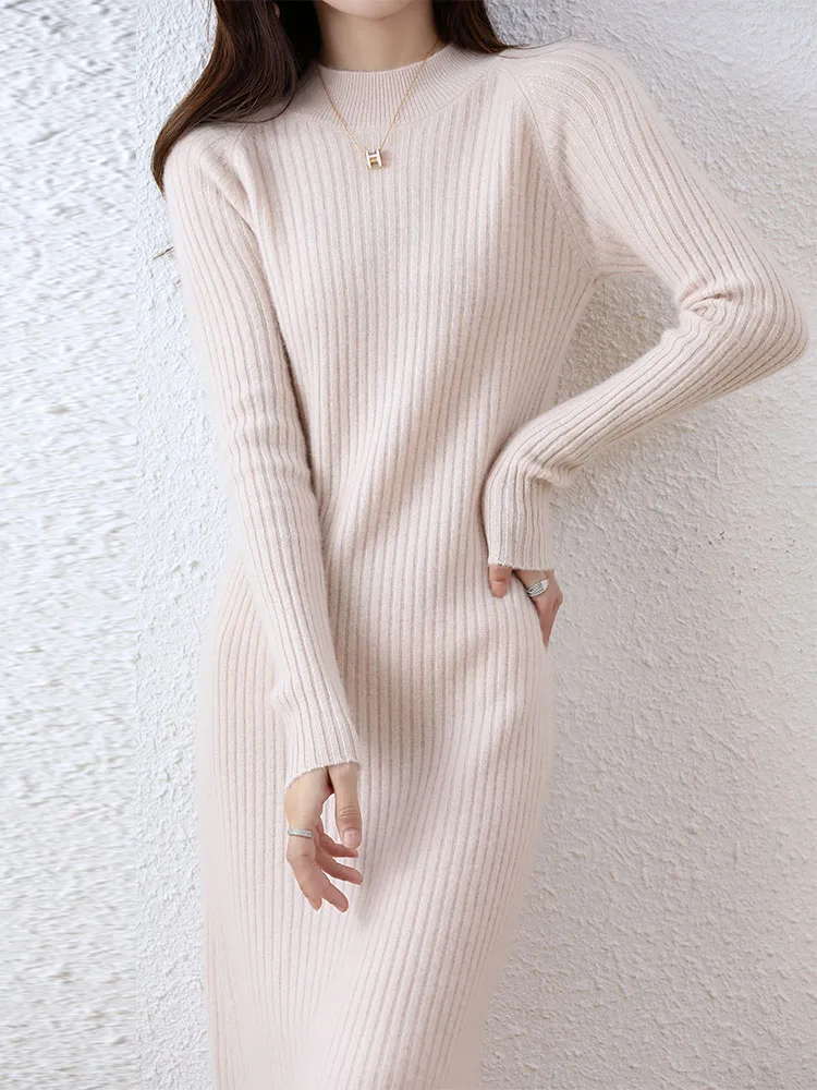 Cashmere Sweater Womens Dresses 100% Merino Wool Autumn Winter New Elegant Knitted Long Dress Female Casual Warm Skirts Vestidos
