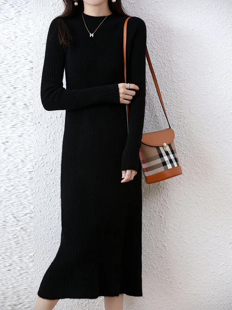 Cashmere Sweater Womens Dresses 100% Merino Wool Autumn Winter New Elegant Knitted Long Dress Female Casual Warm Skirts Vestidos