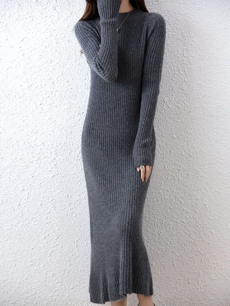 Cashmere Sweater Womens Dresses 100% Merino Wool Autumn Winter New Elegant Knitted Long Dress Female Casual Warm Skirts Vestidos