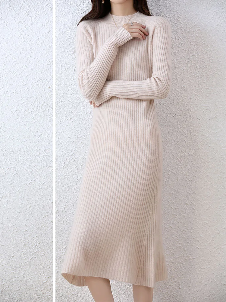 Cashmere Sweater Womens Dresses 100% Merino Wool Autumn Winter New Elegant Knitted Long Dress Female Casual Warm Skirts Vestidos