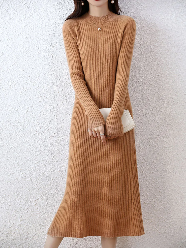 Cashmere Sweater Womens Dresses 100% Merino Wool Autumn Winter New Elegant Knitted Long Dress Female Casual Warm Skirts Vestidos