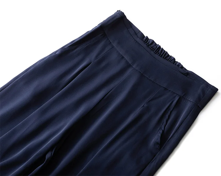 SuyaDream Woman Wide Leg Pants 93%Silk 7%Spandex Elastic Waist Solid Office Lady Chic Trousers 2022 Spring Summer Bottoms Navy