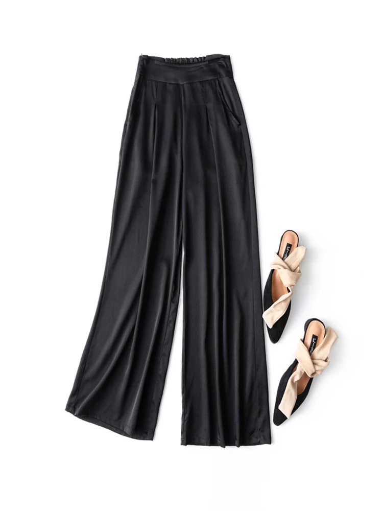 SuyaDream Woman Wide Leg Pants 93%Silk 7%Spandex Elastic Waist Solid Office Lady Chic Trousers 2022 Spring Summer Bottoms Navy