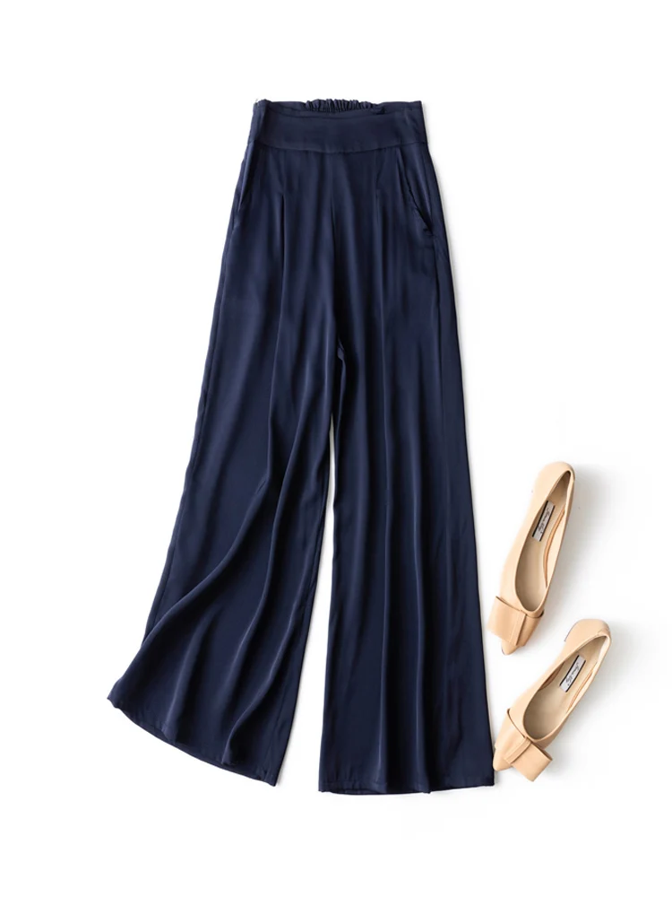 SuyaDream Woman Wide Leg Pants 93%Silk 7%Spandex Elastic Waist Solid Office Lady Chic Trousers 2022 Spring Summer Bottoms Navy