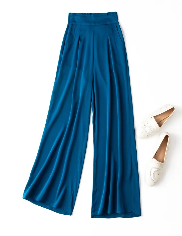 SuyaDream Woman Wide Leg Pants 93%Silk 7%Spandex Elastic Waist Solid Office Lady Chic Trousers 2022 Spring Summer Bottoms Navy