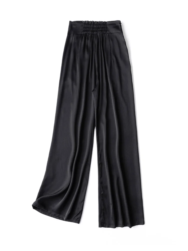 SuyaDream Woman Wide Leg Pants 93%Silk 7%Spandex Elastic Waist Solid Office Lady Chic Trousers 2022 Spring Summer Bottoms Navy