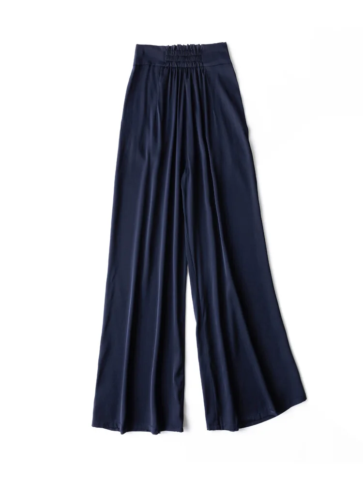 SuyaDream Woman Wide Leg Pants 93%Silk 7%Spandex Elastic Waist Solid Office Lady Chic Trousers 2022 Spring Summer Bottoms Navy