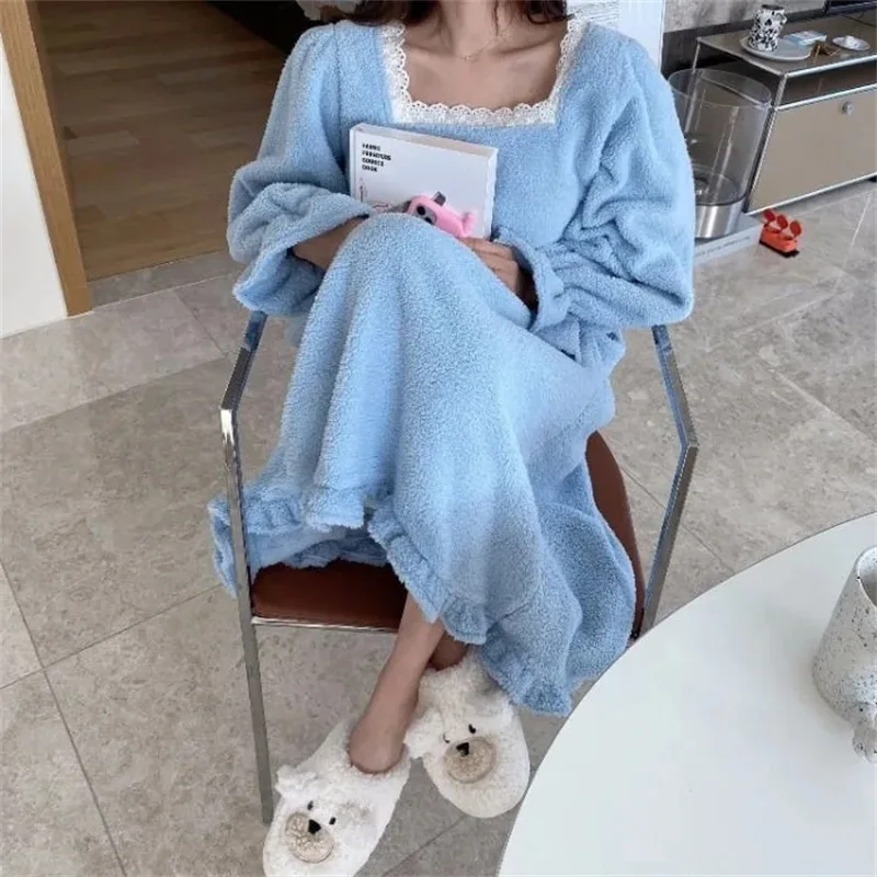 Pajama Long Dress Women's 2023 Autumn/Winter New Korean Version Loose and Warm Flannel Home Lazy Dress ins Commuter Solid Square