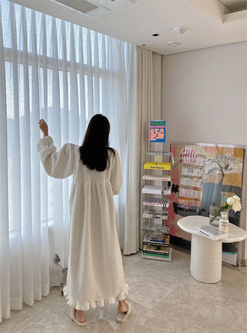 Pajama Long Dress Women's 2023 Autumn/Winter New Korean Version Loose and Warm Flannel Home Lazy Dress ins Commuter Solid Square