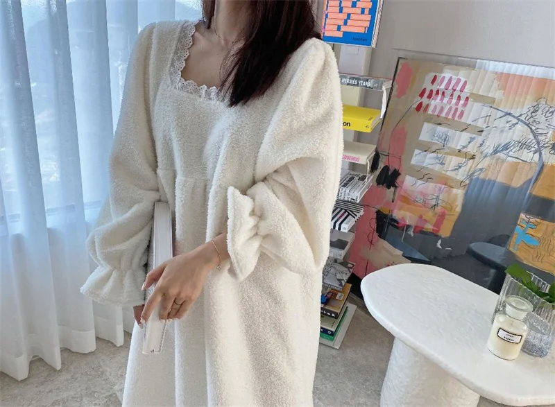 Pajama Long Dress Women's 2023 Autumn/Winter New Korean Version Loose and Warm Flannel Home Lazy Dress ins Commuter Solid Square