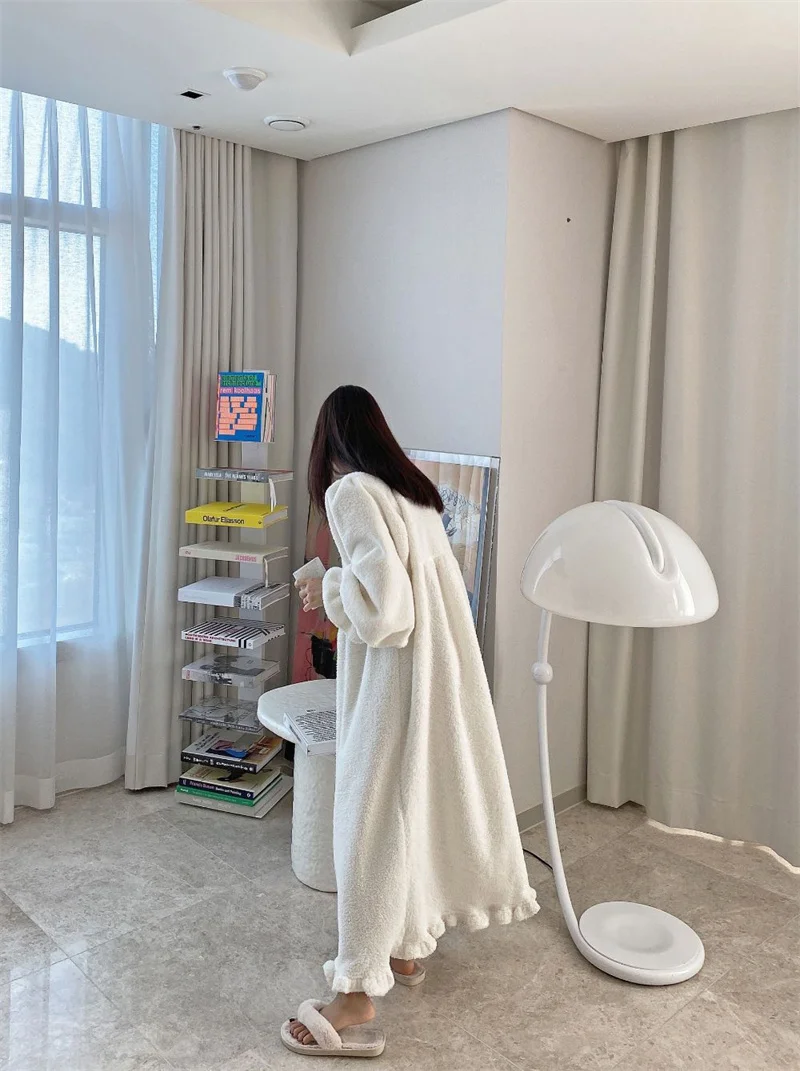 Pajama Long Dress Women's 2023 Autumn/Winter New Korean Version Loose and Warm Flannel Home Lazy Dress ins Commuter Solid Square