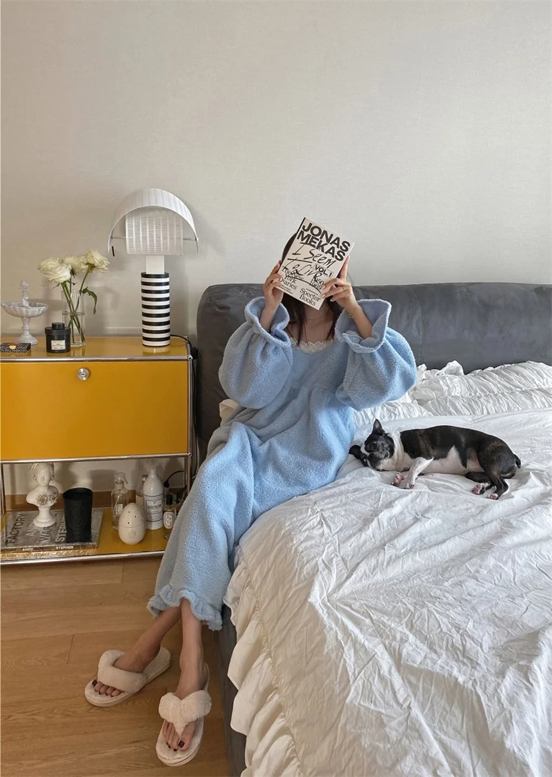 Pajama Long Dress Women's 2023 Autumn/Winter New Korean Version Loose and Warm Flannel Home Lazy Dress ins Commuter Solid Square