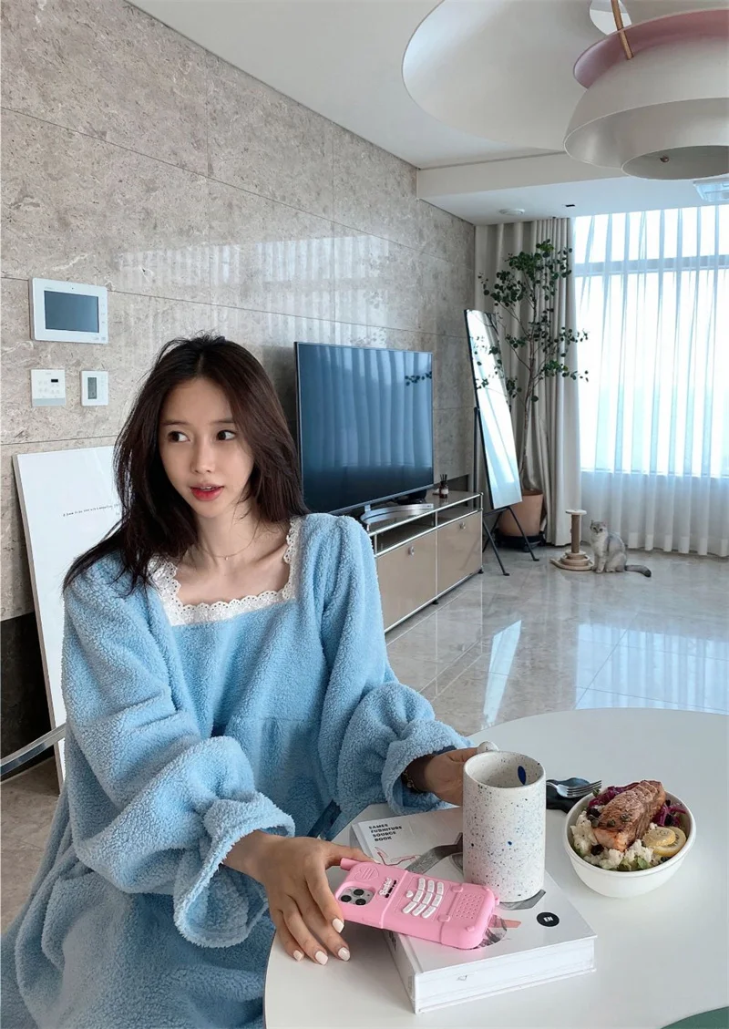 Pajama Long Dress Women's 2023 Autumn/Winter New Korean Version Loose and Warm Flannel Home Lazy Dress ins Commuter Solid Square