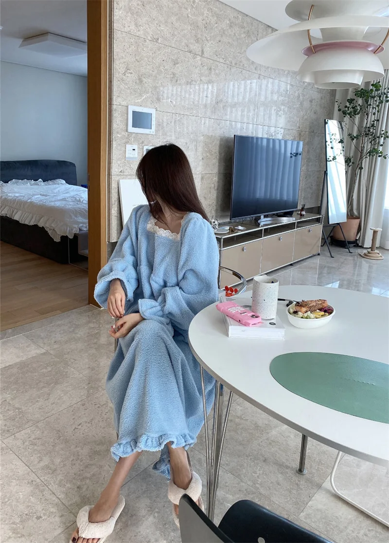 Pajama Long Dress Women's 2023 Autumn/Winter New Korean Version Loose and Warm Flannel Home Lazy Dress ins Commuter Solid Square