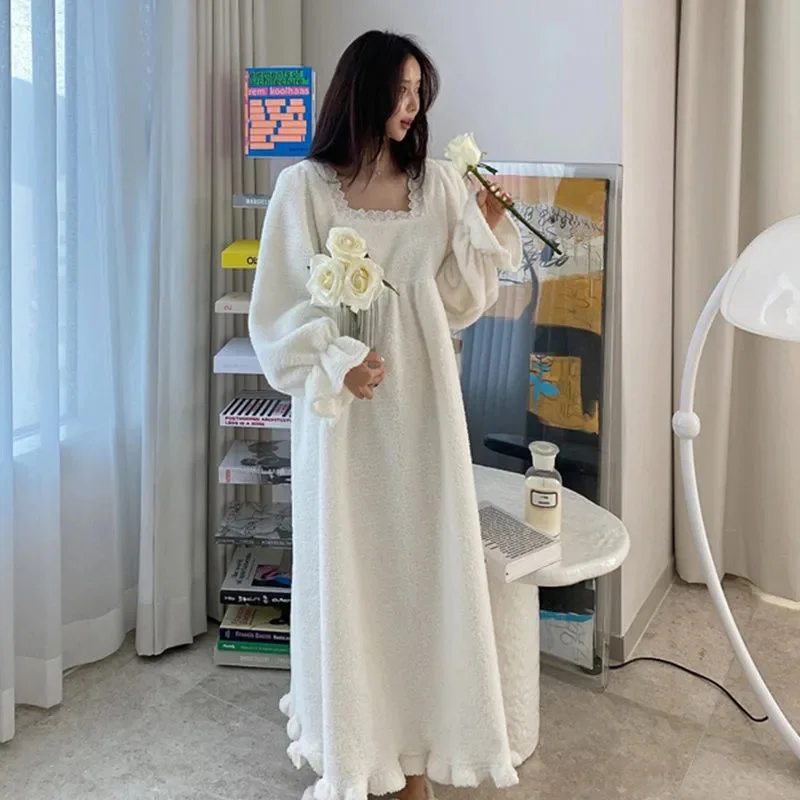 Pajama Long Dress Women's 2023 Autumn/Winter New Korean Version Loose and Warm Flannel Home Lazy Dress ins Commuter Solid Square