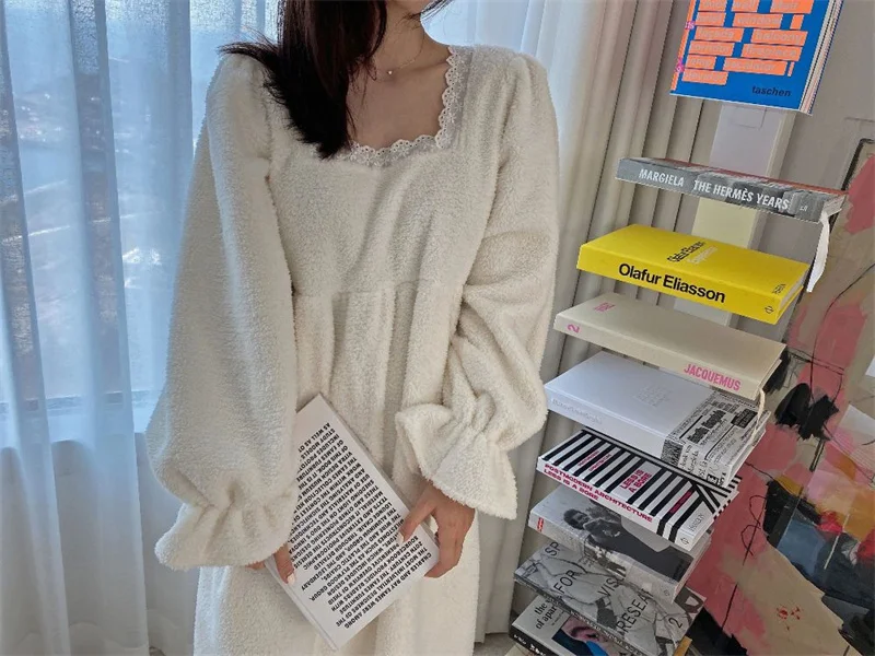 Pajama Long Dress Women's 2023 Autumn/Winter New Korean Version Loose and Warm Flannel Home Lazy Dress ins Commuter Solid Square