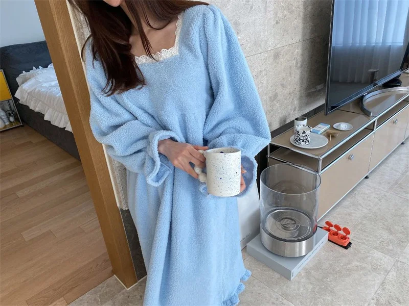 Pajama Long Dress Women's 2023 Autumn/Winter New Korean Version Loose and Warm Flannel Home Lazy Dress ins Commuter Solid Square