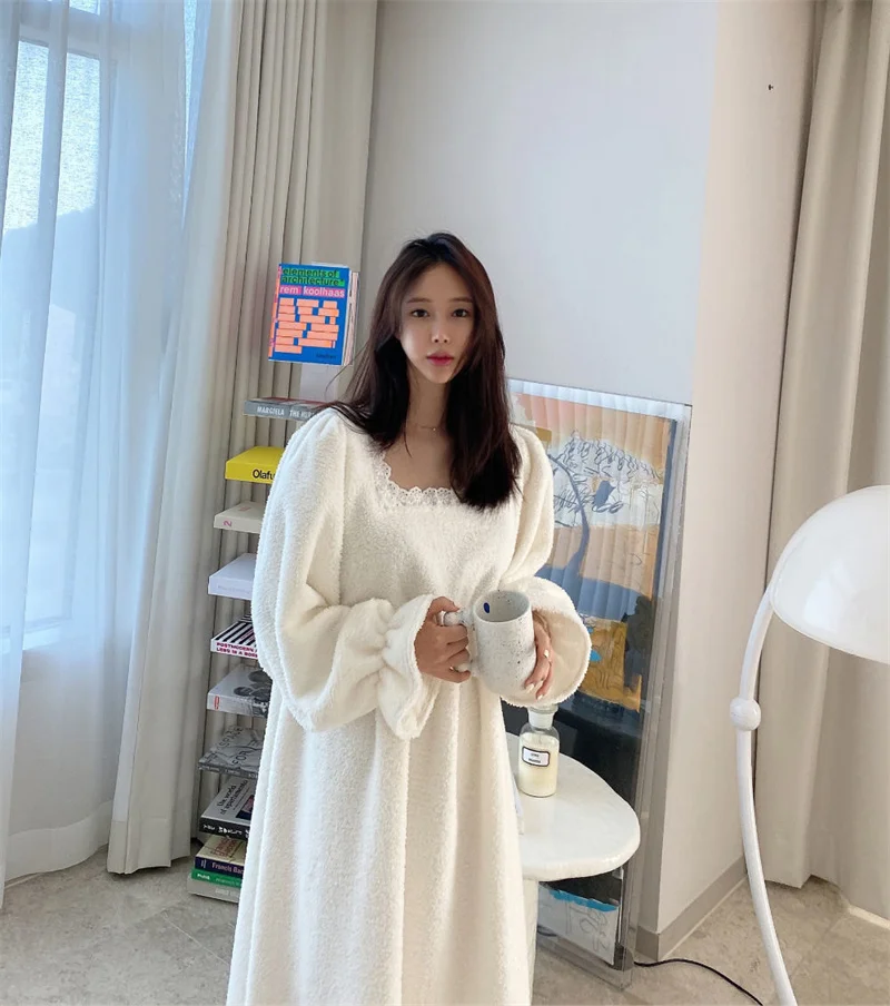 Pajama Long Dress Women's 2023 Autumn/Winter New Korean Version Loose and Warm Flannel Home Lazy Dress ins Commuter Solid Square