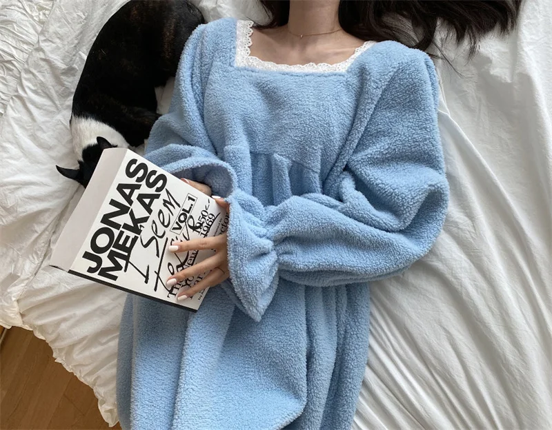 Pajama Long Dress Women's 2023 Autumn/Winter New Korean Version Loose and Warm Flannel Home Lazy Dress ins Commuter Solid Square