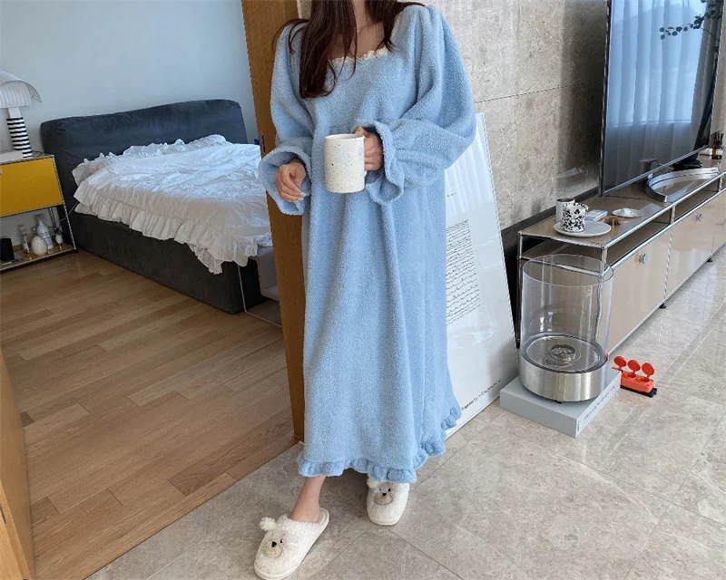 Pajama Long Dress Women's 2023 Autumn/Winter New Korean Version Loose and Warm Flannel Home Lazy Dress ins Commuter Solid Square