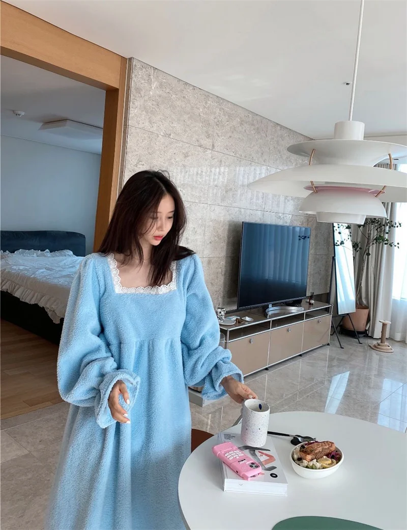 Pajama Long Dress Women's 2023 Autumn/Winter New Korean Version Loose and Warm Flannel Home Lazy Dress ins Commuter Solid Square