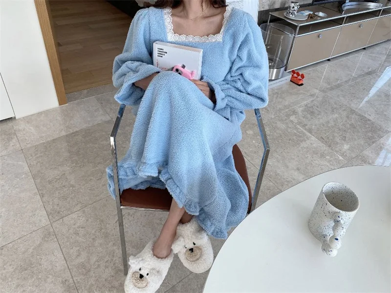 Pajama Long Dress Women's 2023 Autumn/Winter New Korean Version Loose and Warm Flannel Home Lazy Dress ins Commuter Solid Square