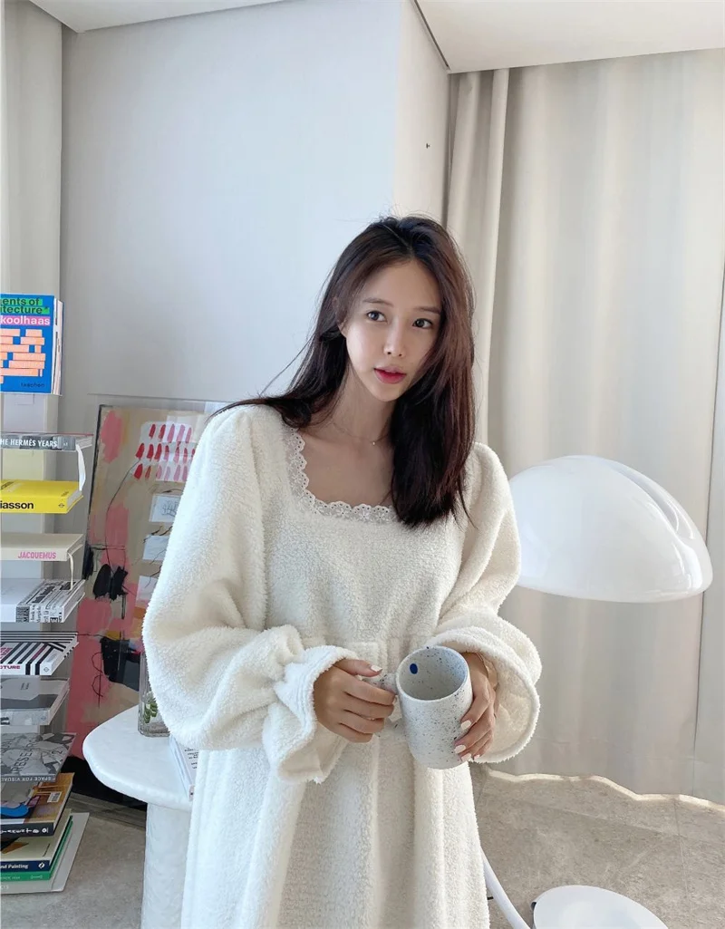 Pajama Long Dress Women's 2023 Autumn/Winter New Korean Version Loose and Warm Flannel Home Lazy Dress ins Commuter Solid Square