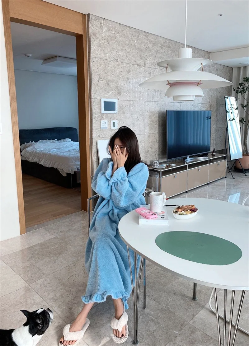 Pajama Long Dress Women's 2023 Autumn/Winter New Korean Version Loose and Warm Flannel Home Lazy Dress ins Commuter Solid Square