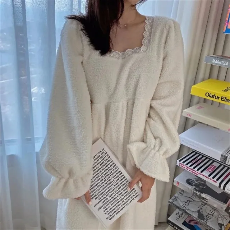 Pajama Long Dress Women's 2023 Autumn/Winter New Korean Version Loose and Warm Flannel Home Lazy Dress ins Commuter Solid Square
