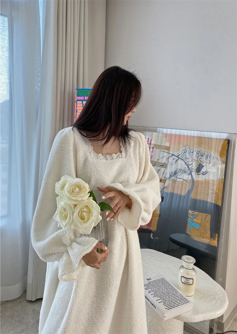 Pajama Long Dress Women's 2023 Autumn/Winter New Korean Version Loose and Warm Flannel Home Lazy Dress ins Commuter Solid Square