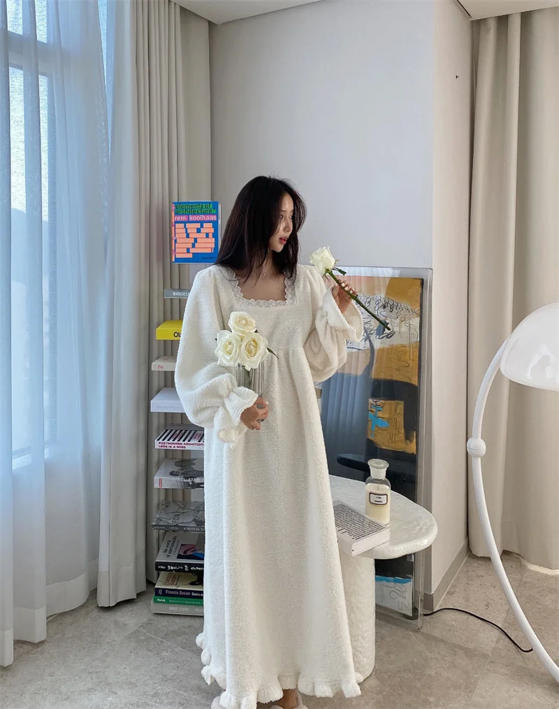 Pajama Long Dress Women's 2023 Autumn/Winter New Korean Version Loose and Warm Flannel Home Lazy Dress ins Commuter Solid Square