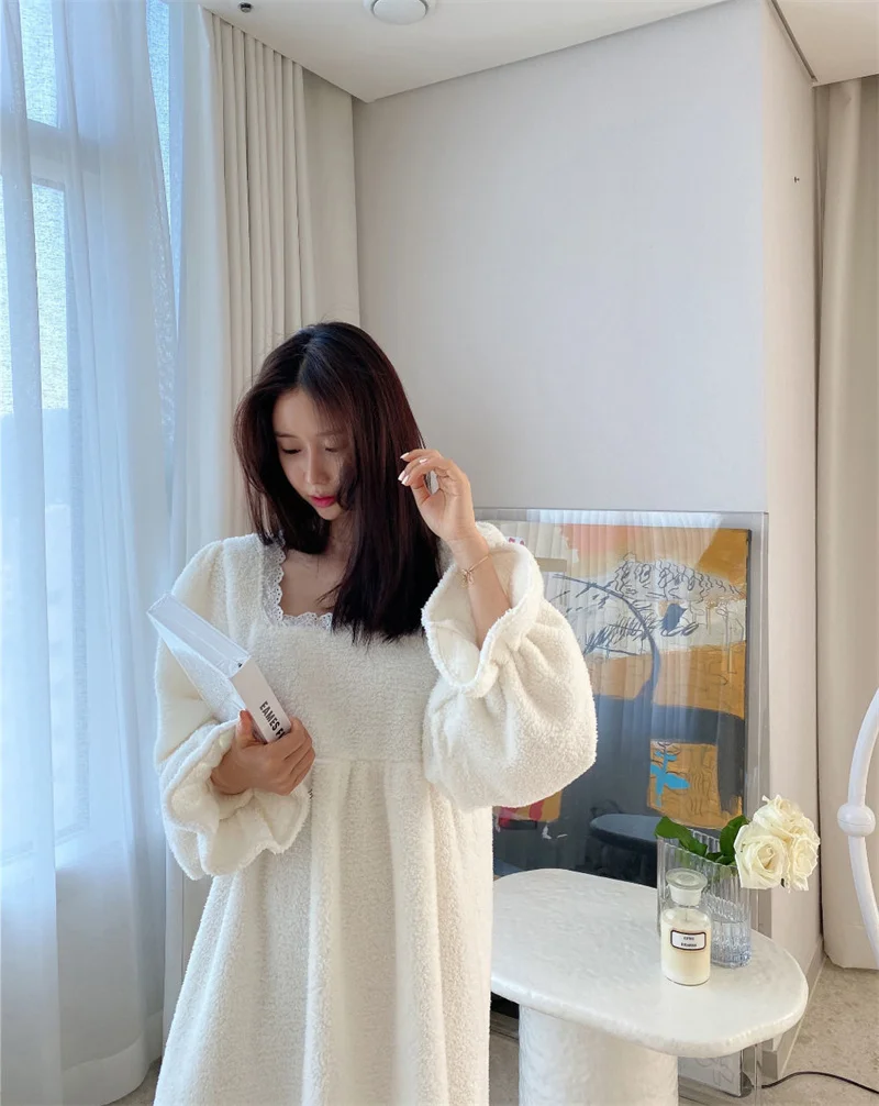 Pajama Long Dress Women's 2023 Autumn/Winter New Korean Version Loose and Warm Flannel Home Lazy Dress ins Commuter Solid Square