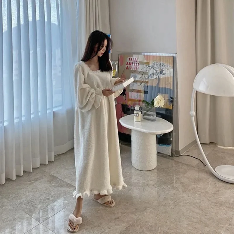 Pajama Long Dress Women's 2023 Autumn/Winter New Korean Version Loose and Warm Flannel Home Lazy Dress ins Commuter Solid Square