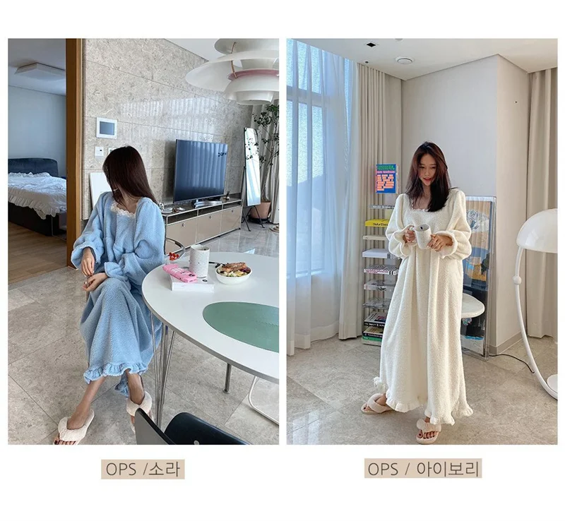 Pajama Long Dress Women's 2023 Autumn/Winter New Korean Version Loose and Warm Flannel Home Lazy Dress ins Commuter Solid Square