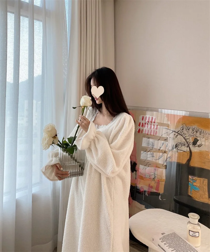 Pajama Long Dress Women's 2023 Autumn/Winter New Korean Version Loose and Warm Flannel Home Lazy Dress ins Commuter Solid Square