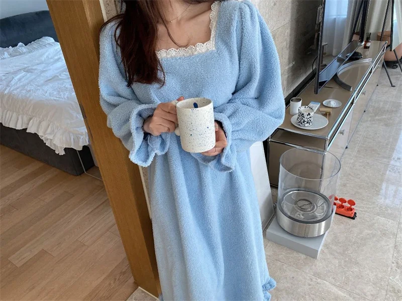 Pajama Long Dress Women's 2023 Autumn/Winter New Korean Version Loose and Warm Flannel Home Lazy Dress ins Commuter Solid Square