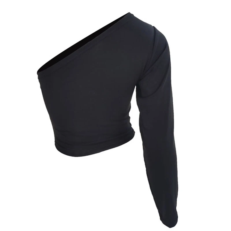 CDJLFH Sexy One Shoulder Crop Top T Shirt Women Diagonal Collar Long Sleeve Tshirt Casual Basic White Slim Fit Bodycon Tees Tops