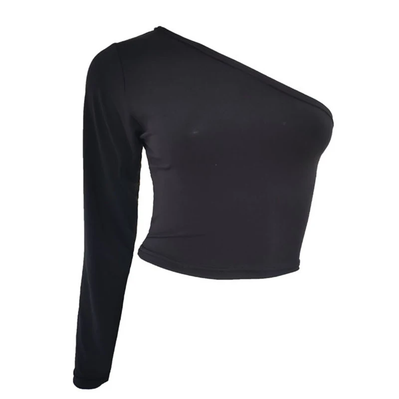 CDJLFH Sexy One Shoulder Crop Top T Shirt Women Diagonal Collar Long Sleeve Tshirt Casual Basic White Slim Fit Bodycon Tees Tops