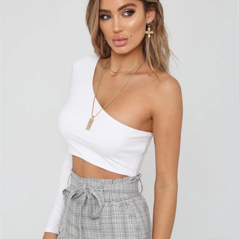 CDJLFH Sexy One Shoulder Crop Top T Shirt Women Diagonal Collar Long Sleeve Tshirt Casual Basic White Slim Fit Bodycon Tees Tops