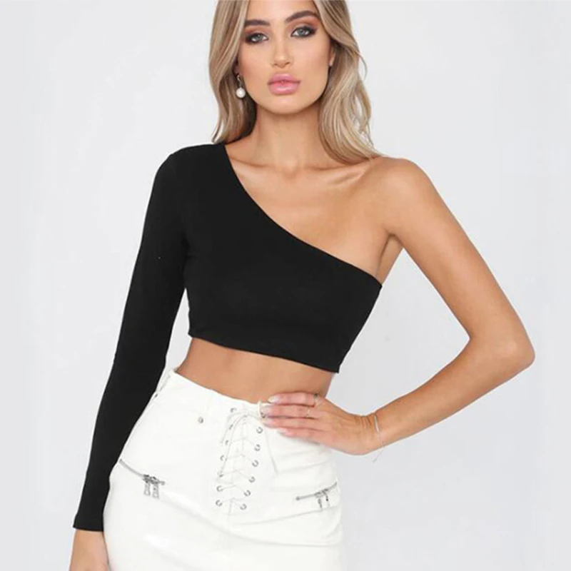 CDJLFH Sexy One Shoulder Crop Top T Shirt Women Diagonal Collar Long Sleeve Tshirt Casual Basic White Slim Fit Bodycon Tees Tops