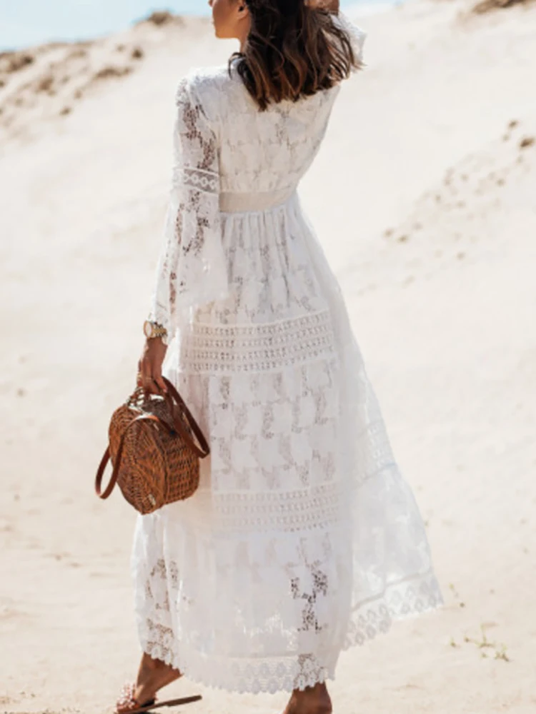Elegant Flare Sleeve Femme Solid Maxi Dress Casual Women V Neck Patchwork Loose Dress 2022 Summer Lace Party Long Dress Vestidos