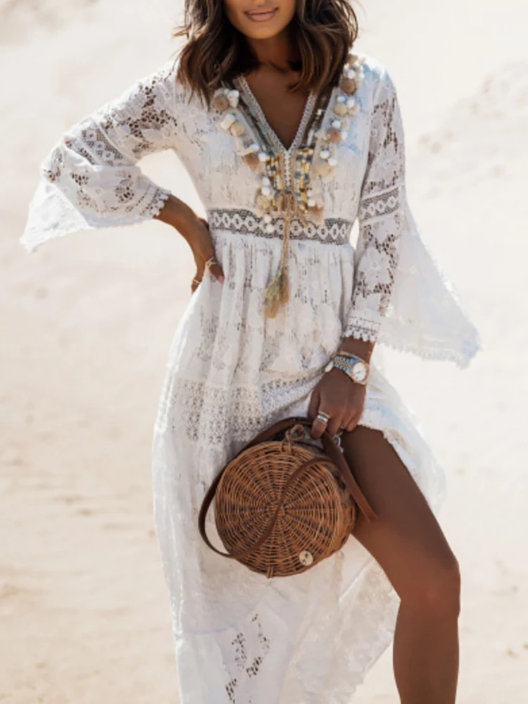 Elegant Flare Sleeve Femme Solid Maxi Dress Casual Women V Neck Patchwork Loose Dress 2022 Summer Lace Party Long Dress Vestidos