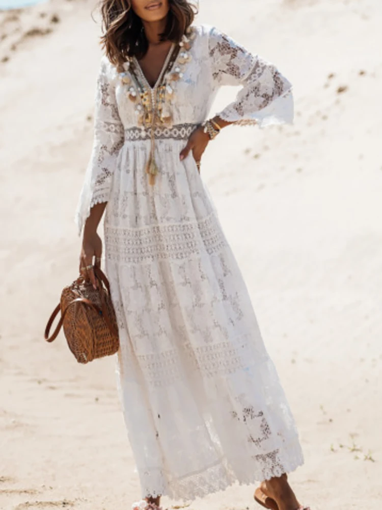 Elegant Flare Sleeve Femme Solid Maxi Dress Casual Women V Neck Patchwork Loose Dress 2022 Summer Lace Party Long Dress Vestidos