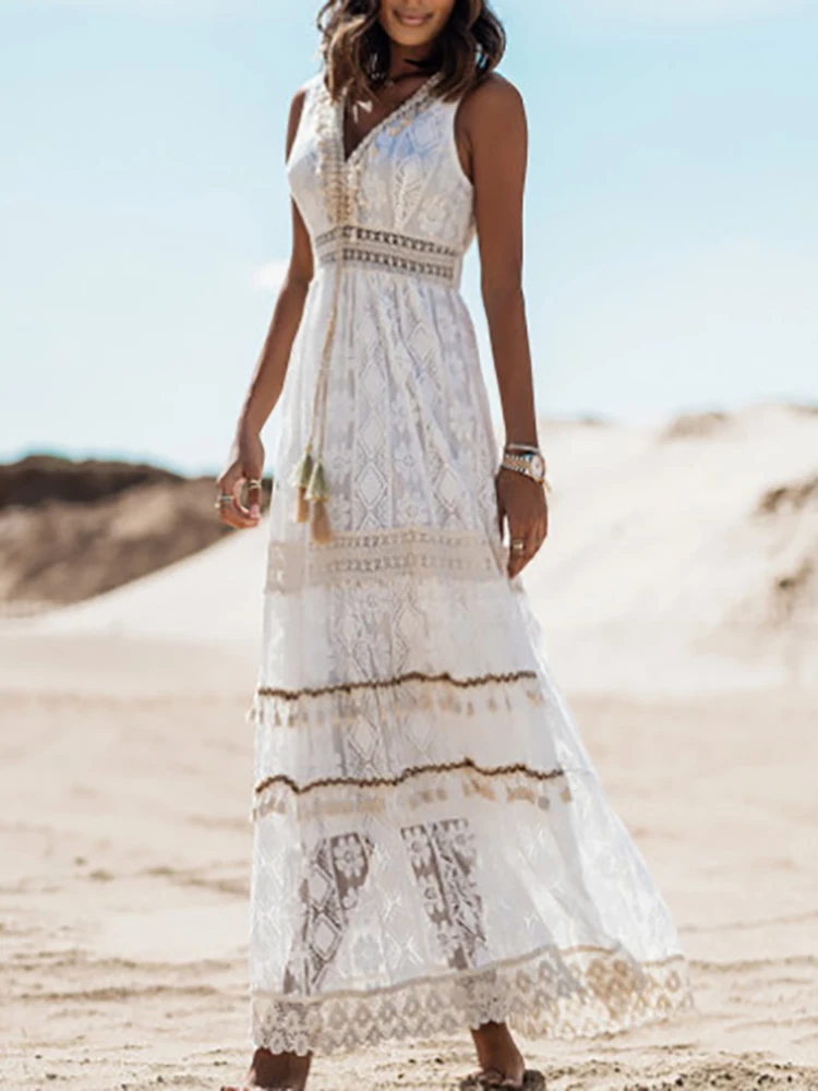 Elegant Flare Sleeve Femme Solid Maxi Dress Casual Women V Neck Patchwork Loose Dress 2022 Summer Lace Party Long Dress Vestidos