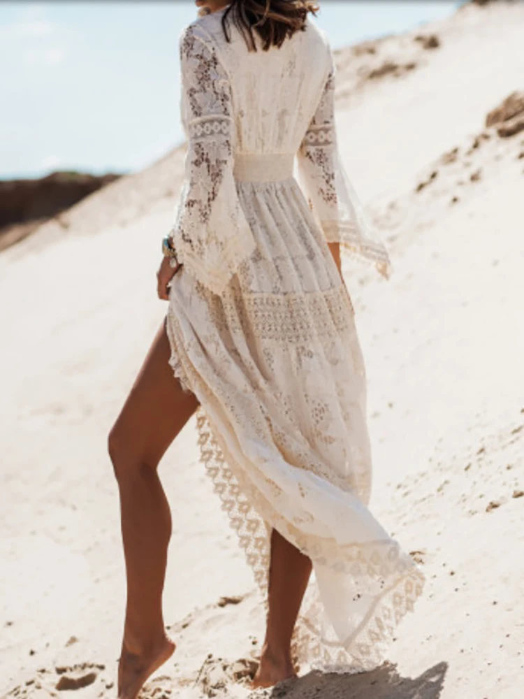 Elegant Flare Sleeve Femme Solid Maxi Dress Casual Women V Neck Patchwork Loose Dress 2022 Summer Lace Party Long Dress Vestidos