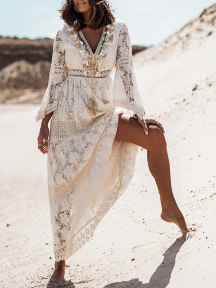 Elegant Flare Sleeve Femme Solid Maxi Dress Casual Women V Neck Patchwork Loose Dress 2022 Summer Lace Party Long Dress Vestidos