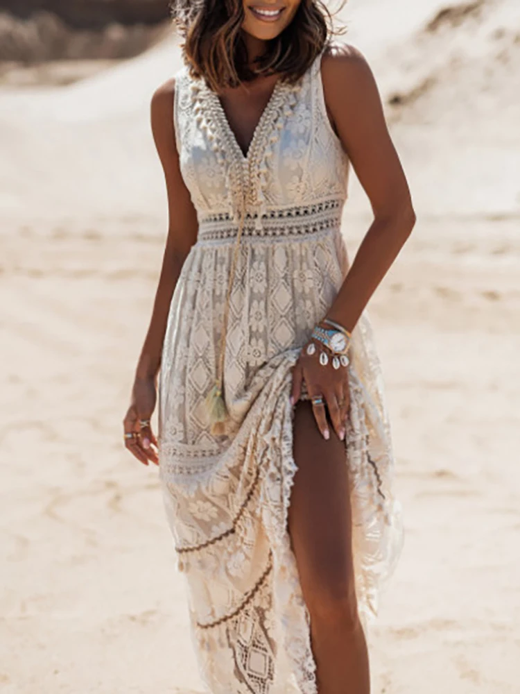 Elegant Flare Sleeve Femme Solid Maxi Dress Casual Women V Neck Patchwork Loose Dress 2022 Summer Lace Party Long Dress Vestidos