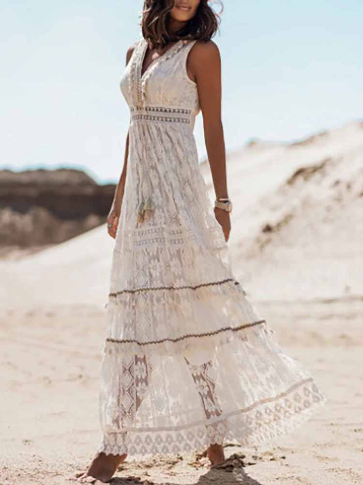 Elegant Flare Sleeve Femme Solid Maxi Dress Casual Women V Neck Patchwork Loose Dress 2022 Summer Lace Party Long Dress Vestidos