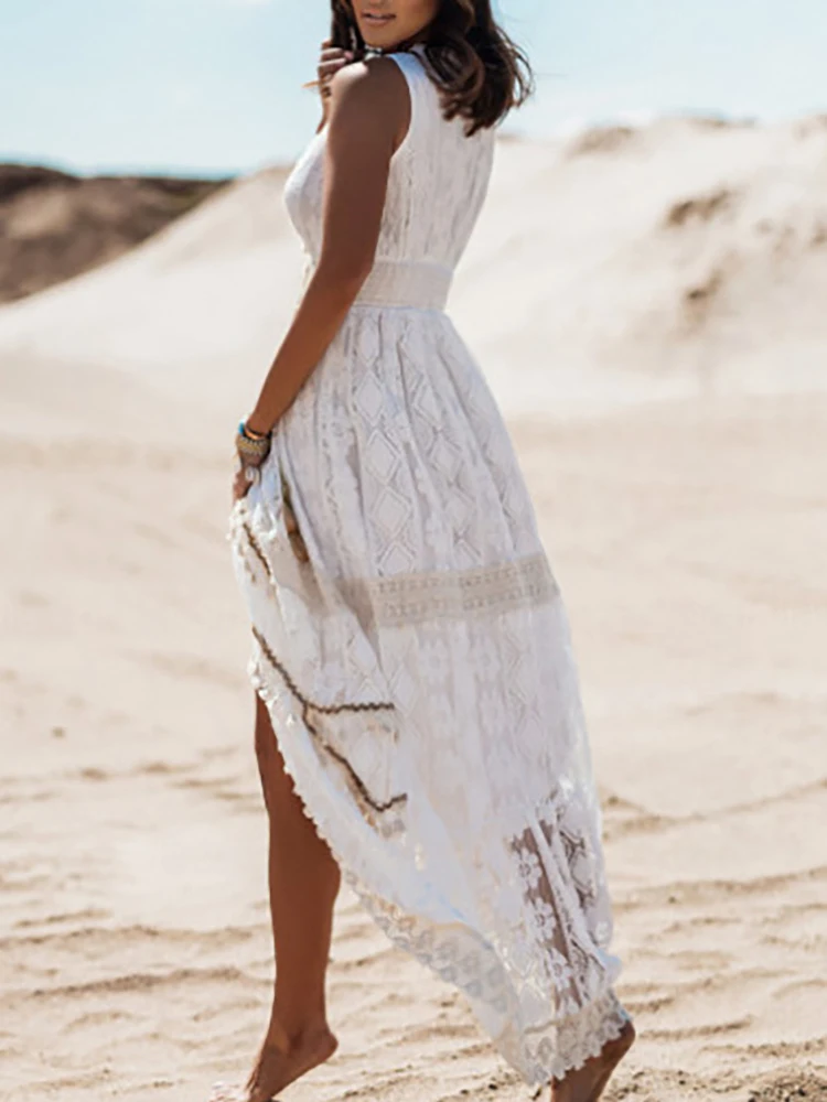 Elegant Flare Sleeve Femme Solid Maxi Dress Casual Women V Neck Patchwork Loose Dress 2022 Summer Lace Party Long Dress Vestidos